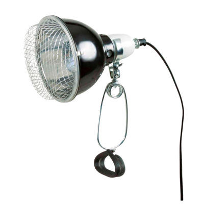 Lâmpada industrial preta com refletor, grade protetora e suporte metálico