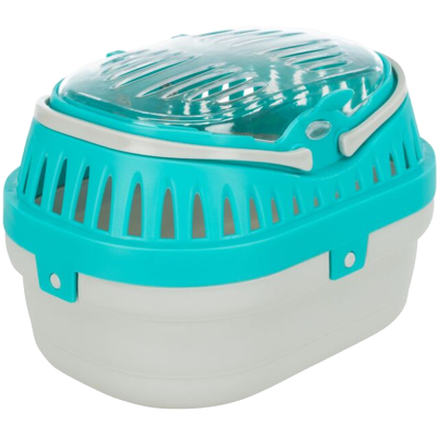 Caixa de transporte para animais pequena em plástico branco e azul-turquesa com tampa transparente