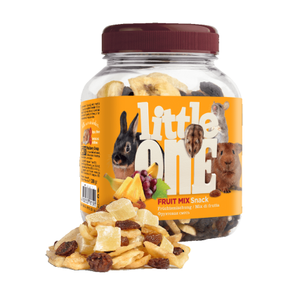 Frasco de snacks para pequenos roedores com rótulo colorido e frutas secas