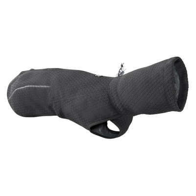 Casaco acolchoado cinzento escuro para cão com fecho e forro riscado.