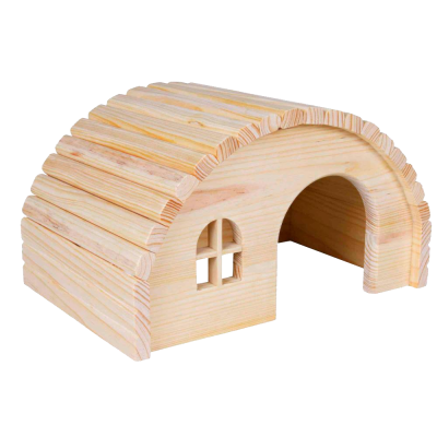 Casa de madeira clara para pequenos animais com design em tábuas redondas e pequena janela