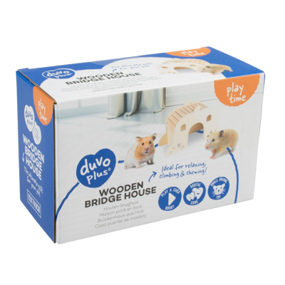Caixa azul e branca com imagem de casinha de ponte de madeira para hamsters e texto da marca.