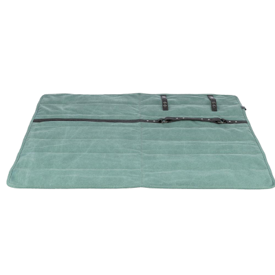 Tapete ou bolsa verde com fecho preto e alças pretas