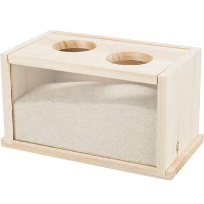 Caixa dispensadora de areia em madeira clara com aberturas circulares no topo