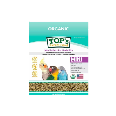 Pacote de ração TOP's Parrot Food Mini Pellets para periquitos com imagens de pássaros e certificações.