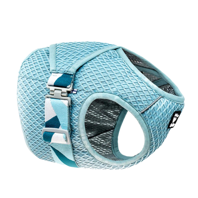 Peitoral azul claro em tecido mesh para cão com alça ajustável e fivela metálica