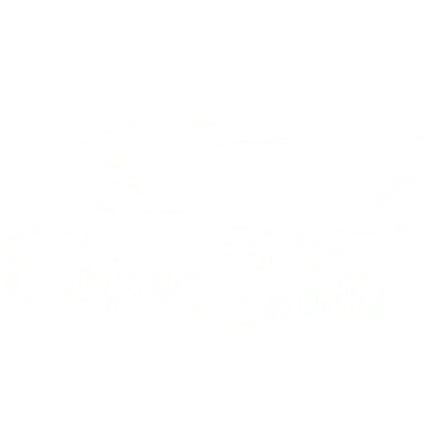 Logotipo branco de cão com texto Super Snouts em fundo preto