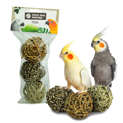 Três bolas de brinquedo naturais para pássaros em embalagem com selo BACK ZOO NATURE TOYS
