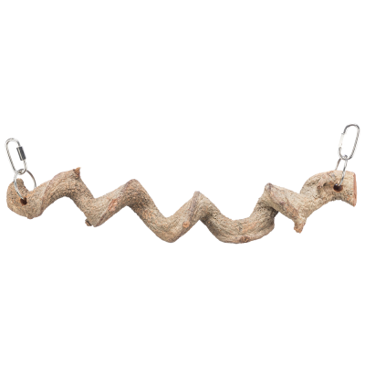 Peça de madeira natural zig-zag com argolas metálicas nas extremidades