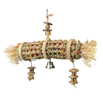 Brinquedo para pássaros de palha, madeira e corda com sino e anéis