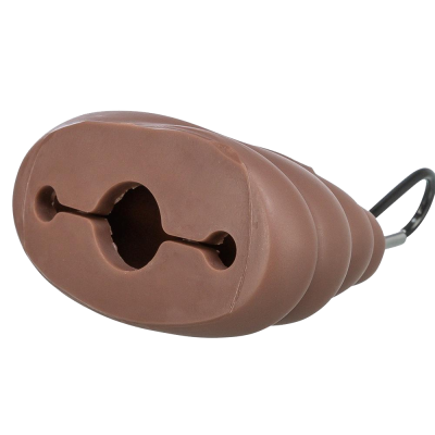 Produto castanho cónico com orifício oval e gancho metálico preto