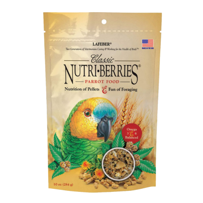 Embalagem de alimento para papagaio Classic Nutri-Berries com desenho de papagaio e pellets visíveis