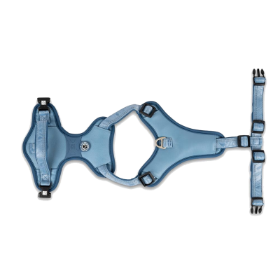 Peitoral para cão azul claro com fivelas pretas e anel metálico.