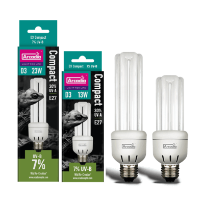 Dois tubos fluorescentes compactos Arcadia com embalagens e texto sobre UV-B e UV-A