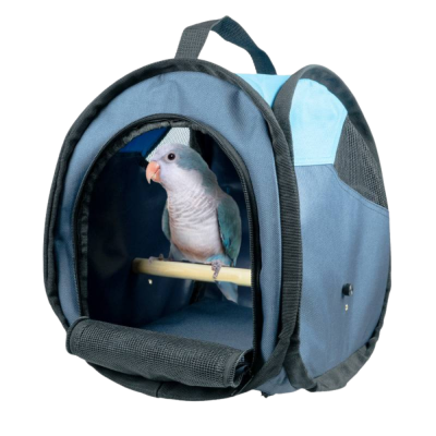 Transportadora azul para aves com pássaro dentro