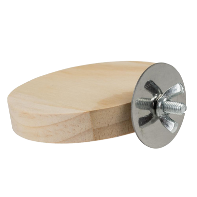 Peça de madeira oval com peça metálica e parafuso