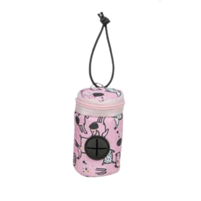 Porta-sacos para cães rosa com desenho de cães e cordão preto