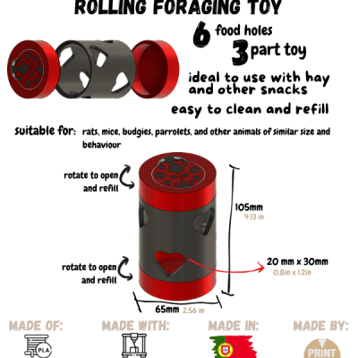 Brinquedo Ladybug para roer e forragear cinza e vermelho com buracos e dimensões indicadas