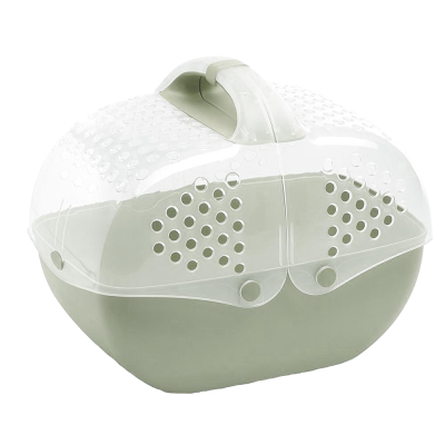 Transportadora para animais em plástico cinza esverdeado e transparente com pega e orifícios de ventilação