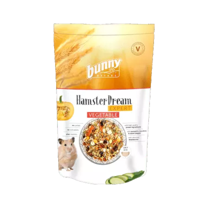 Embalagem de comida para hamster com design amarelo, branco e laranja e hamster na frente