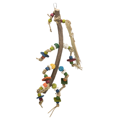 Brinquedo para aves com madeira, contas coloridas e corda natural entrelaçada