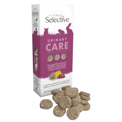 Embalagem do suplemento alimentar Science Selective Urinary Care com pastilhas redondas fora da caixa.