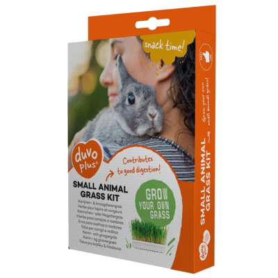 Kit para crescimento de relva para pequenos animais Duvo Plus com imagem de mulher a segurar coelho.