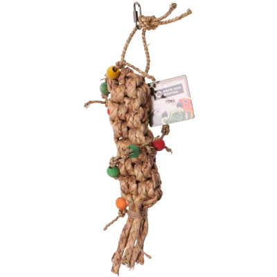 Brinquedo natural para aves com contas coloridas e etiqueta