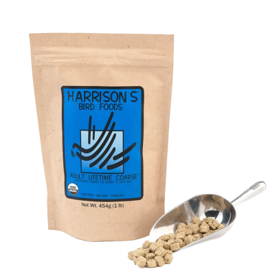 Pacote de comida para pássaros Harrison's com concha metálica contendo pedaços do alimento