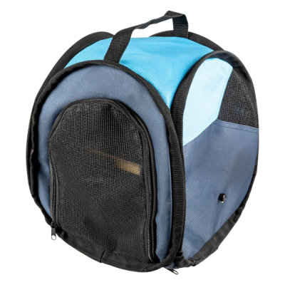 Mochila de transporte azul com bolso em rede preta e alça preta