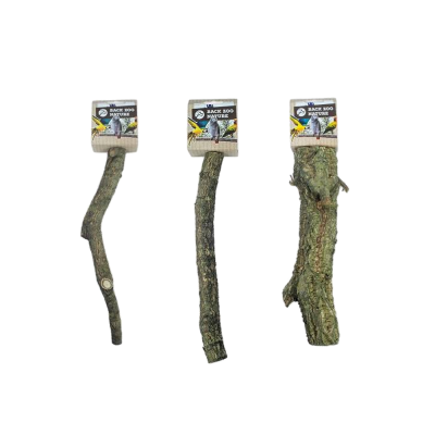 Três paus naturais para pássaros com etiquetas da marca Back Zoo Nature