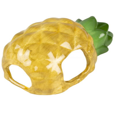 Máscara de ananás amarela com folhas verdes e recortes para os olhos