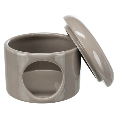 recipiente redondo de cerâmica cinzenta com tampa destacada