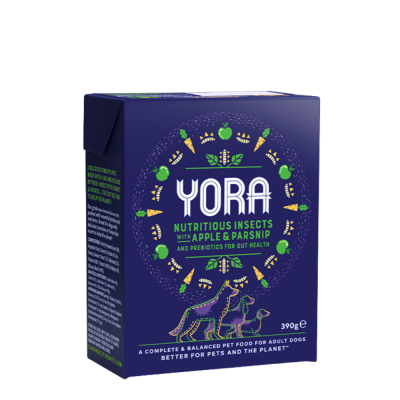 Embalagem azul escura de ração para cães YORA com ilustrações e texto