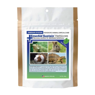 Embalagem de produto para nutrição de herbívoros debilitados com imagens de animais e texto informativo.