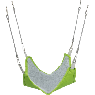 Pião para animais de estimação em tecido verde com interior felpudo branco e ganchos