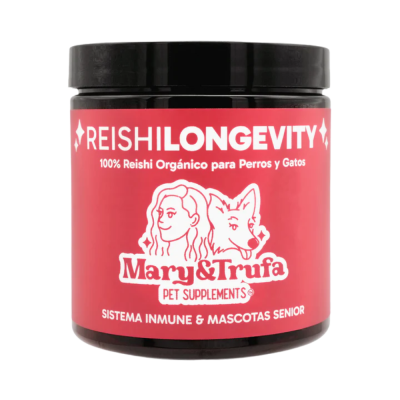 Frasco preto com rótulo vermelho com texto branco e ilustração de mulher e cão.