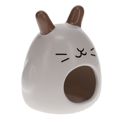 Casinha cerâmica branca com orelhas castanhas e rosto desenhado para pequenos animais