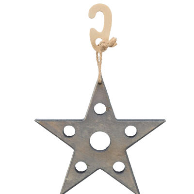 Estrela decorativa de madeira cinzenta com orifícios e cordão para pendurar
