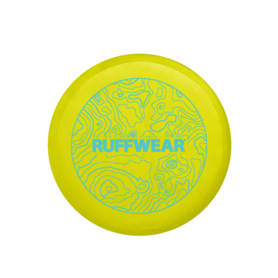 Disco frisbee amarelo com padrão topográfico azul e logo RUFFWEAR