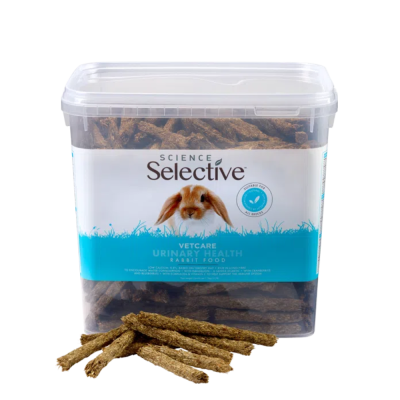 Pacote de comida para coelhos Science Selective Vetcare Urinary Health com pellets marrons.