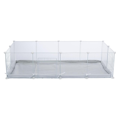 Parque para animais de estimação branco com base cinzenta acolchoada e estrutura metálica