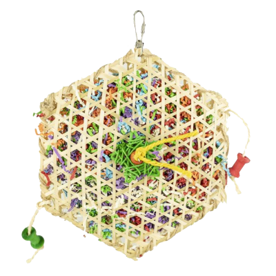 Brinquedo pendente colorido para pássaros com estrutura de madeira hexagonal