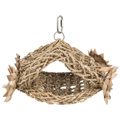 Cama suspensa para aves em corda trançada com gancho metálico e ornamentos laterais