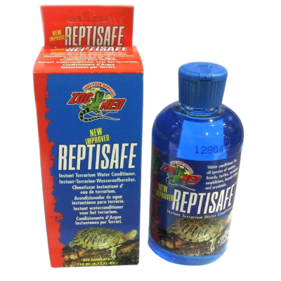 Condicionador de água Reptisafe para terrários Zoo Med com embalagem azul e vermelho e frasco azul