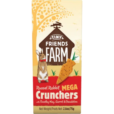 Embalagem de alimento para coelho Tiny Friends Farm com imagem de coelho e cenoura.