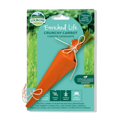 Embalagem de brinquedo para pequenos animais em forma de cenoura laranja com cordão e fundo verde com texto