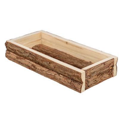 Caixa retangular em madeira com laterais de casca de árvore