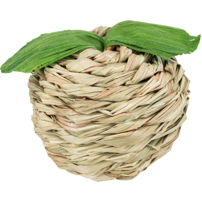 Fruto decorativo de palha trançada com folhas verdes