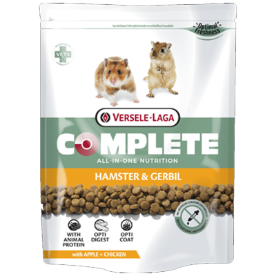Embalagem de ração VERSELE-LAGA para hamster e gerbil com imagens dos animais e croquetes